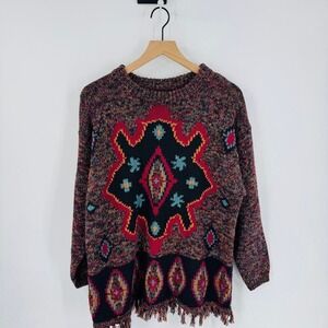 Vintage Cynthia Sweater 1X Boho Southwestern Fringe Hem‎ Colorful Knit